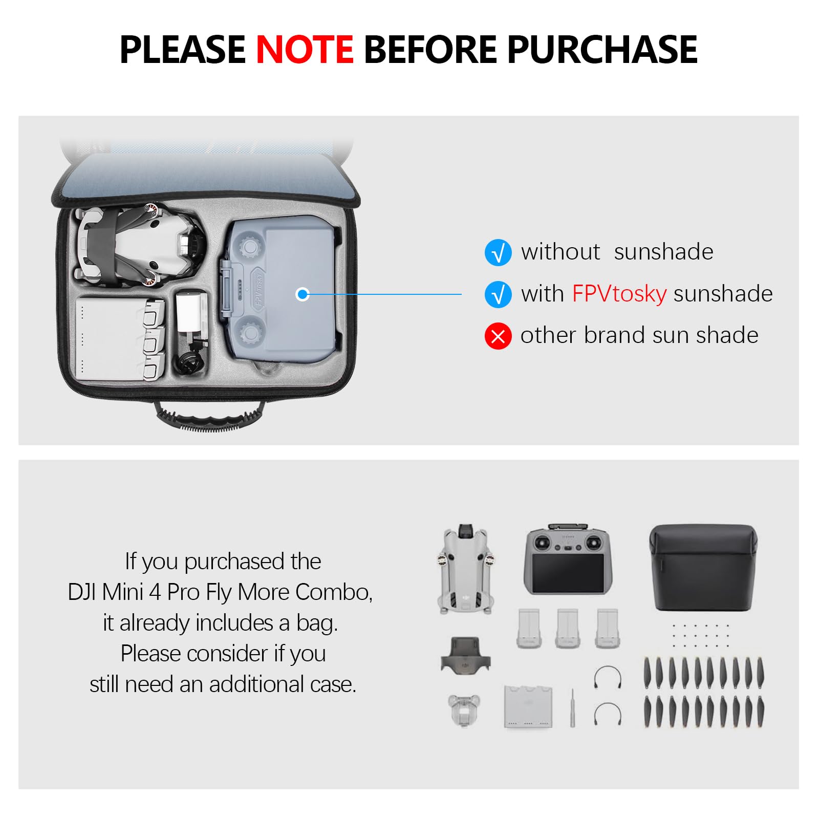 FPVtosky Sac pour DJI Mini 4 Pro, Étui de Voyage Portable, Sac de Transport Compact avec Sangle pour DJI Mini4 Pro Fly More Combo - Drone Valise Mini 4Pro RC 2 Rangement Accessoires