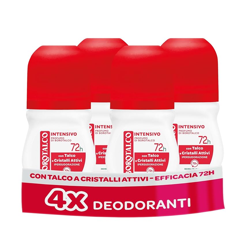 Borotalco, Deodorante Roll-on Intensivo, con Talco a Cristalli Attivi, Ipersudorazione, Senza Alcool, Profumo di Borotalco, 72h efficacia - 4 Pezzi da 50 ml - Esclusiva Amazon