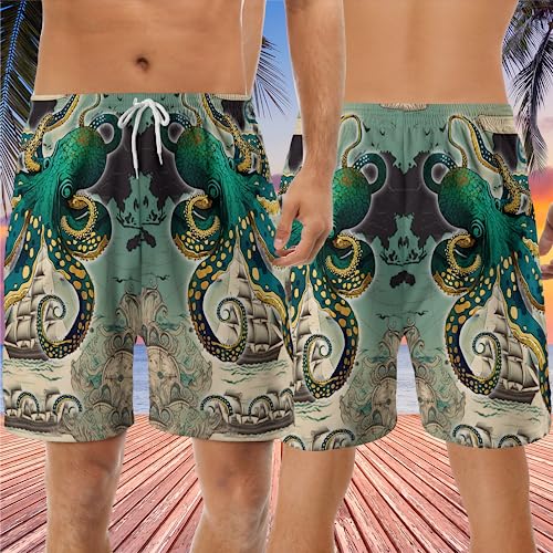 Men's Octopus Lovers Swim Trunks - Ocean Octopus Quick-Dry Hawaiian Swim Shorts for Men Series 083
