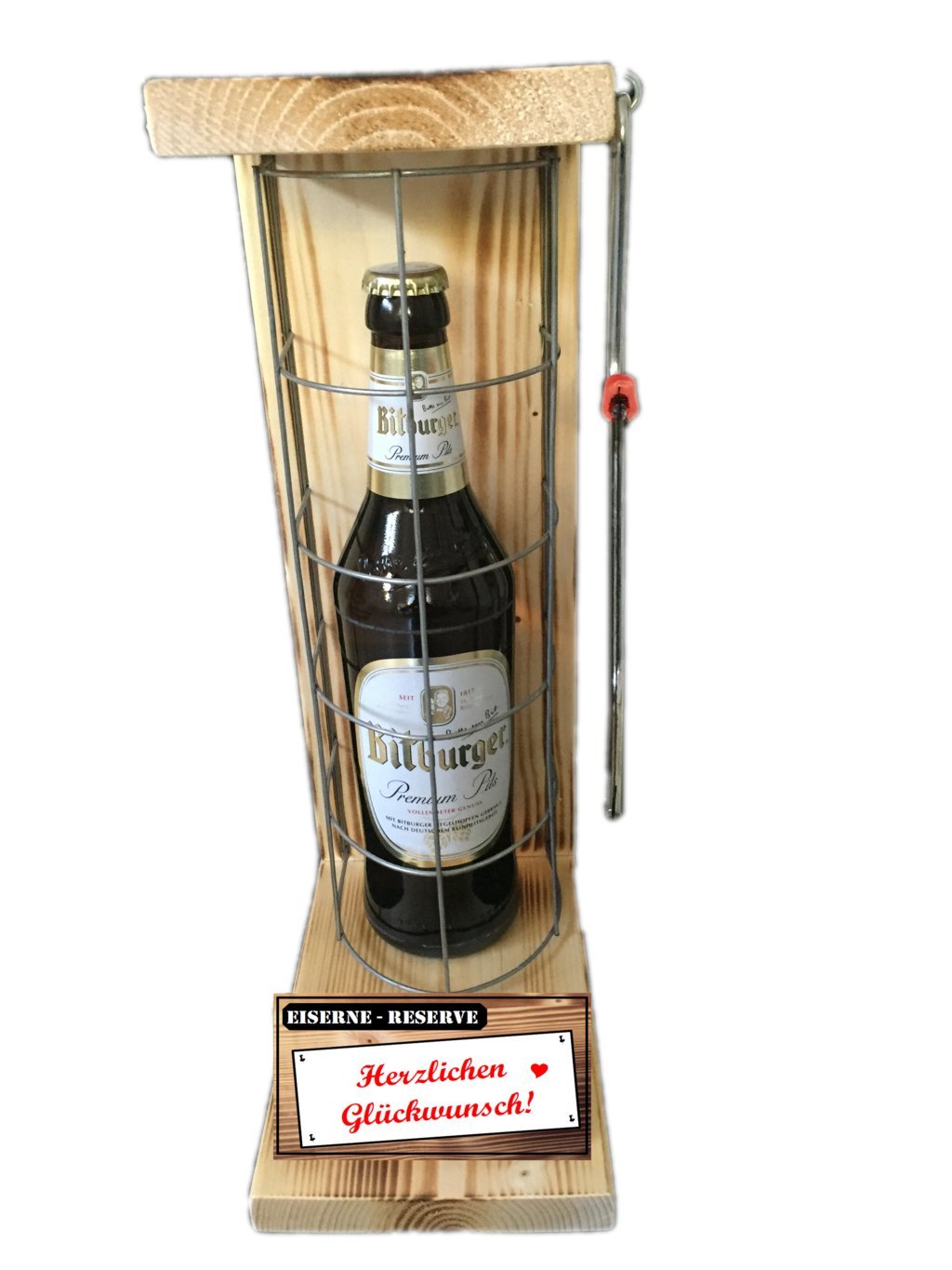 "Herzlichen Glückwunsch" Eiserne Reserve mit einer Flasche Bitburger Pils 0,50L incl. Bügelsäge zum aufschneiden des Gitter - Die Geschenkidee