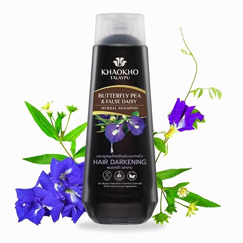 Champú de hierbas con extractos de guisantes de mariposa y margaritas falsas para prevenir las canas y fortalecer las raíces del cabello, 6.3 fl oz