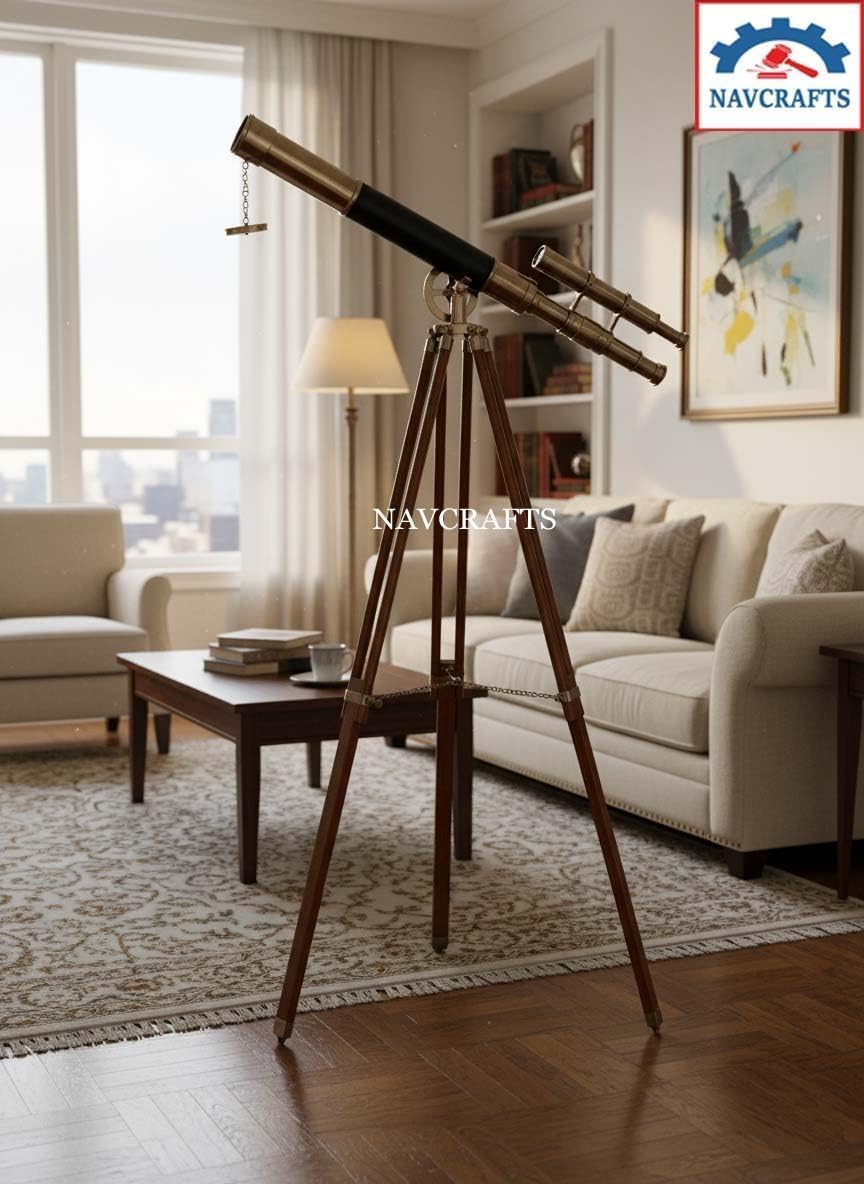 Antique Brass Telescope on Wooden Tripod | Vinatge Maritime Double Barrel Admirals Floor Standing Telescope Sailor Spyglass Royal Navy Telescopes for Home, Office, Living Room, Christmas Decor Gift