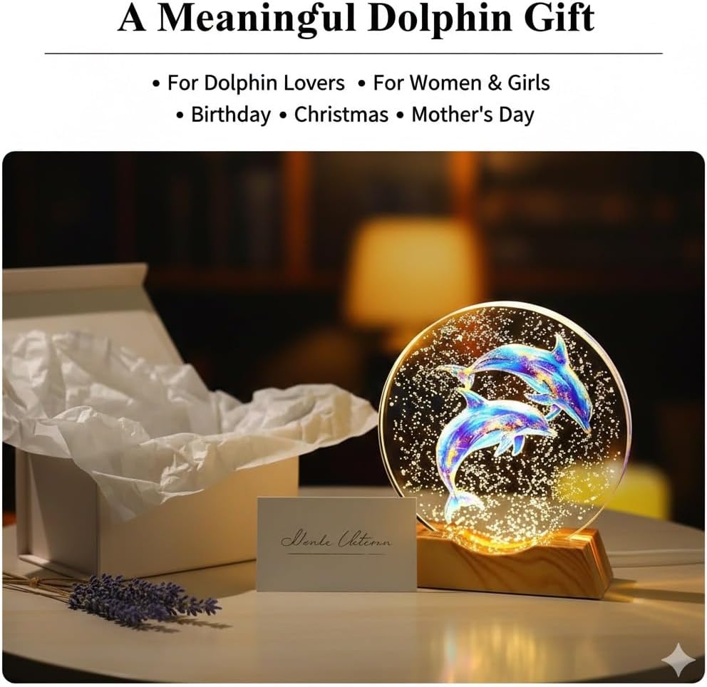 K9 Crystal Dolphin Night Light, 10cm Glass LED Lamp with Wood-Grain Style Base, Warm Light Table Desk Lamp, Elegant Home Decor Gift