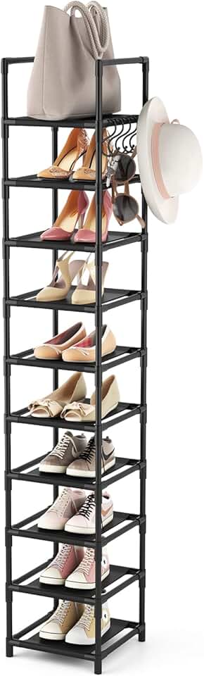 LANTEFUL Tall Narrow Shoe Rack for Entryway, 10-Tier Sturdy Metal Shoe Shelf Storage 10-15 Pairs of Shoes and Boots, Space Saving 