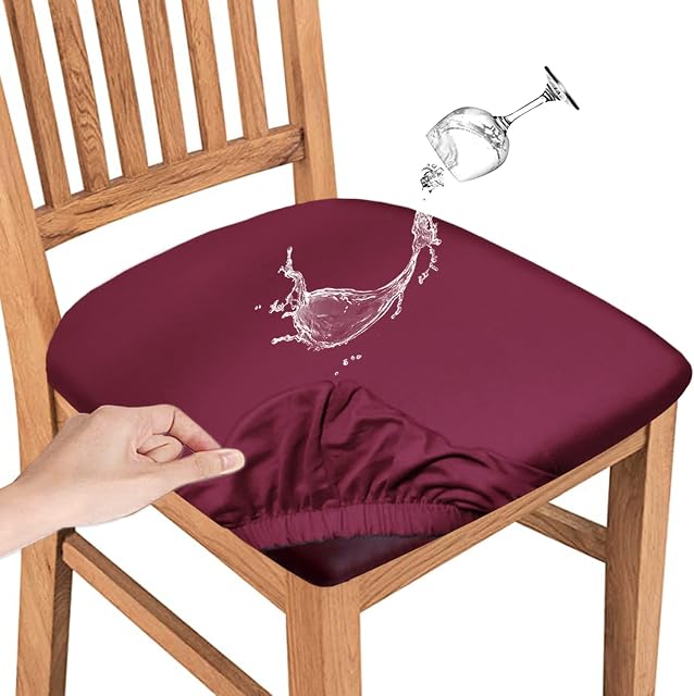JUNZHE Waterproof Chair Seat Covers for Dining Room Chairs Stretch Fabric Dining Room Kitchen Chair Covers,Removable Washable Anti-Dust Chair Seat Cushion Slipcovers (Wine Red,4 Pcs)