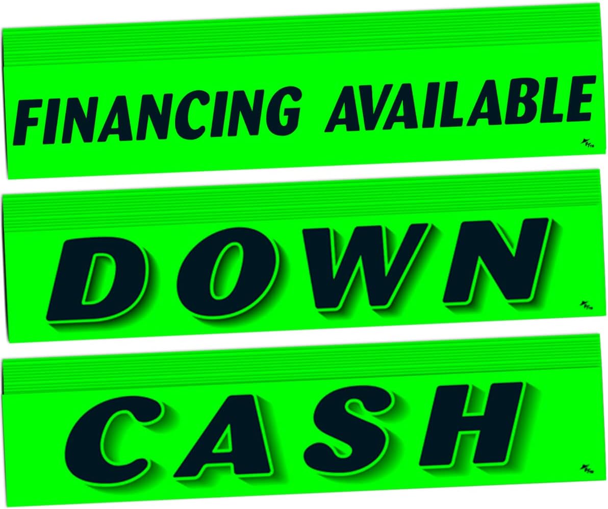 Versa Tags Windshield Slogan Stickers 12 Pack of FINANCING Available Stickers 12 Pack of Down Slogans 12 Pack of Cash Window Stickers (36) Dealership Stickers Black On Green