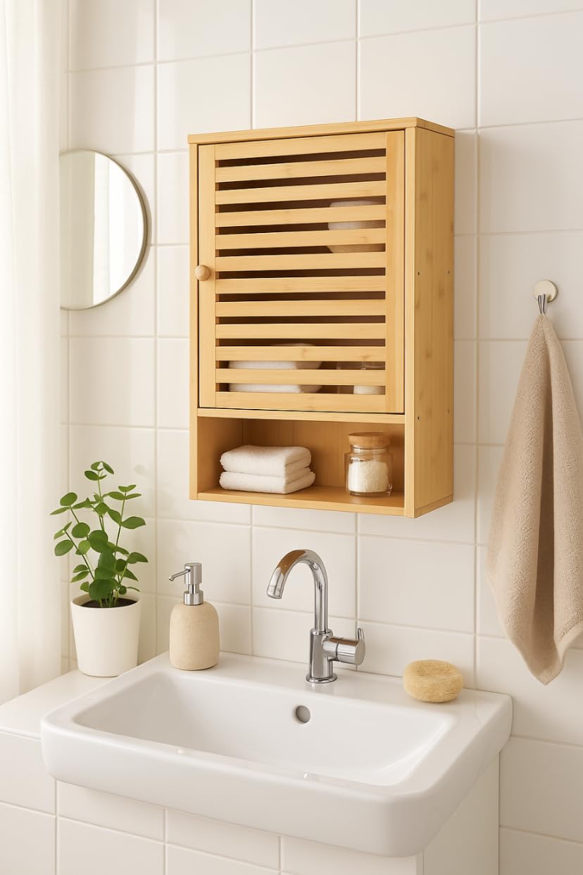 Armoire murale en bambou pour salle de bain, avec porte, étagères ouvertes, meuble de rangement, 60 x 40 x 20 cm, naturel