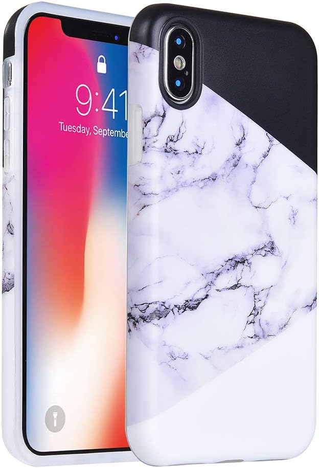 KIMICO iPhone X Case, Geometric Marble Design [Shockproof][Supports Wireless Charging][Slim Fit][Anti-Scratch/Anti-Fingerprints] Flexible TPU Protective Cover (Marble White X)