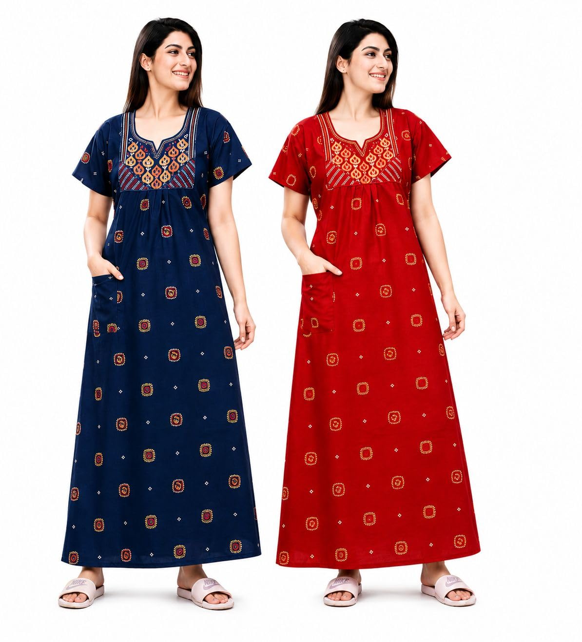 Women's Pure Cotton Maxi Nighty with Jaipuri Embroidery Print, Short Sleeve Night Gown with Pocket for Summer-picture-24