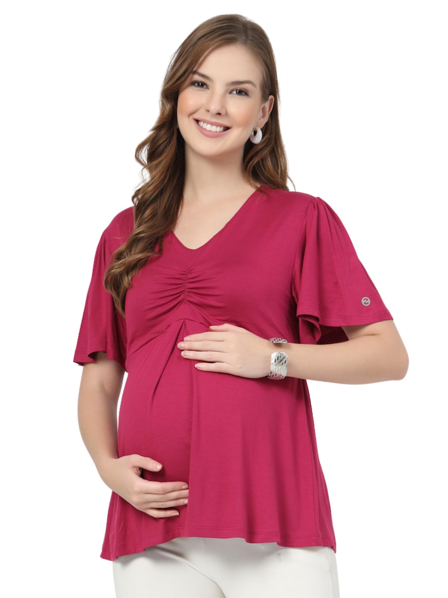Maternity Feeding Top with in-Built Bra | 95% Viscose 5% Elastane Soft Stretchable Nursing Top with Concealed Side Zip | Fixed Cup Maternity Wear for Pregnancy & Postpartum
