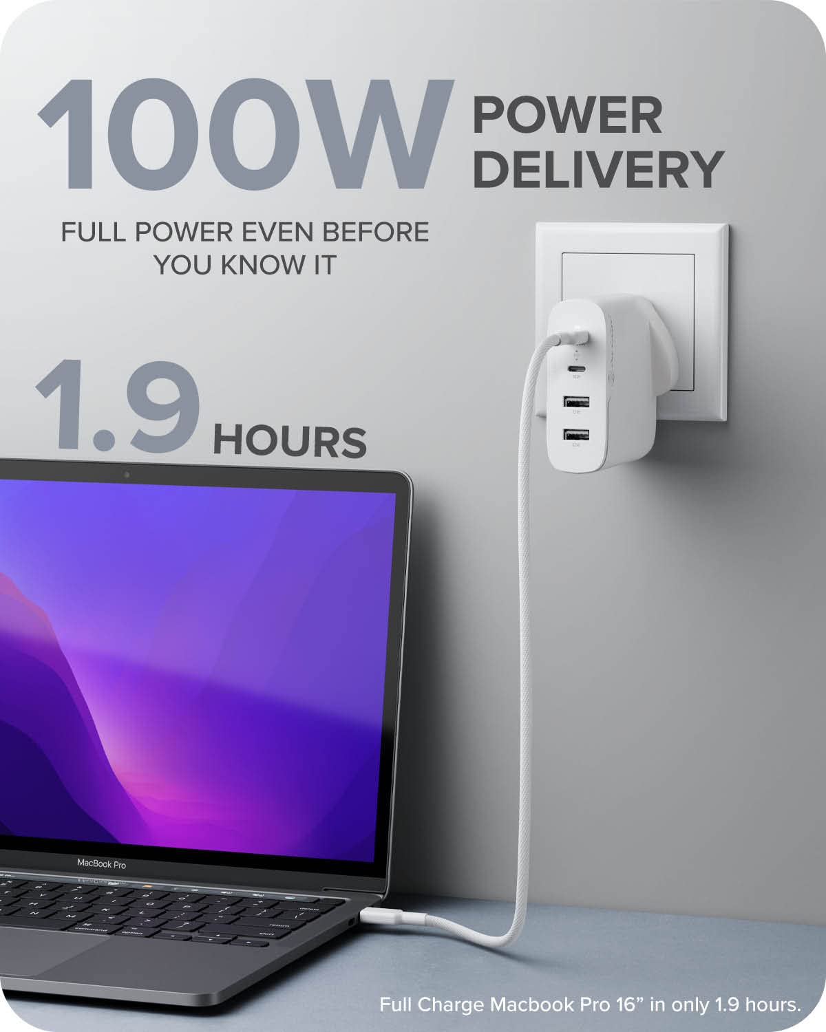 ALOGIC Cargador MacBook Pro, Cargador USB C de 100 W con tecnología GaNFast, Power Delivery 3.0, para MacBook Pro, Air, M1 Mac, XPS, iPad Pro, iPhone 12 Pro, Galaxy etc.