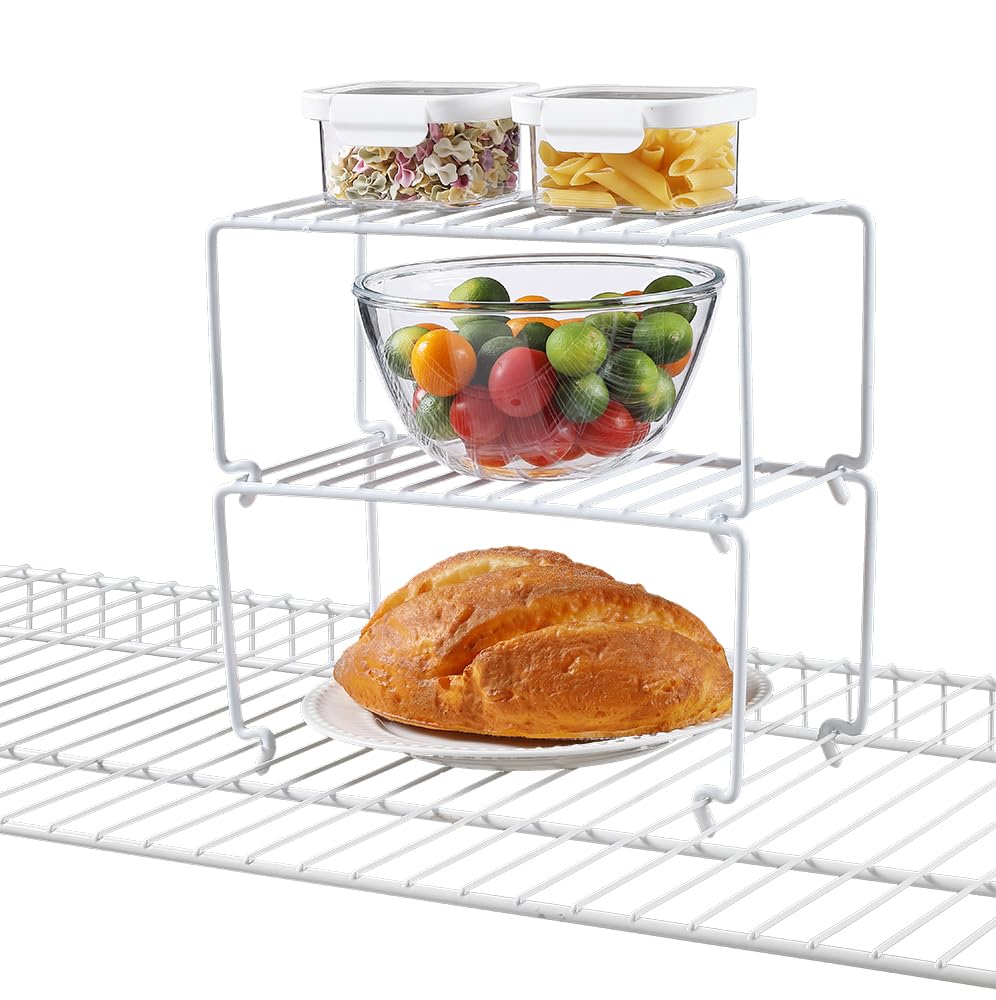 Paquete de 2 estantes pequeños (10.8 x 5.3 pulgadas), color blanco, apilable, organizador de estantes de cocina para gabinetes, organizadores de despensa y almacenamiento, estante de alambre 6