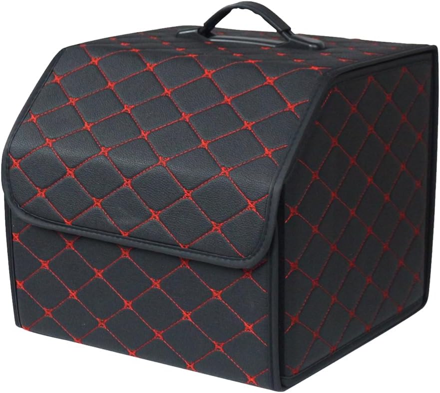 – Luxury Foldable Car Boot Tidy Storage Box Waterproof PU Car Boot Storage Organiser for SUV/Truck/Auto (Black Red-S)