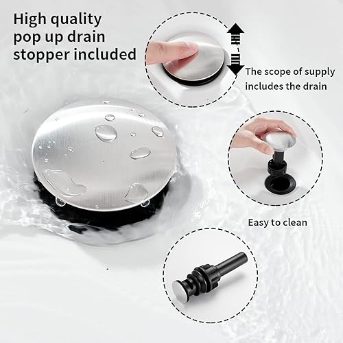 Miniatura 6 de Grifo de baño de níquel cepillado GGStudy con una sola manija de un agujero, grifo de lavabo de baño a juego con desbordamiento de drenaje