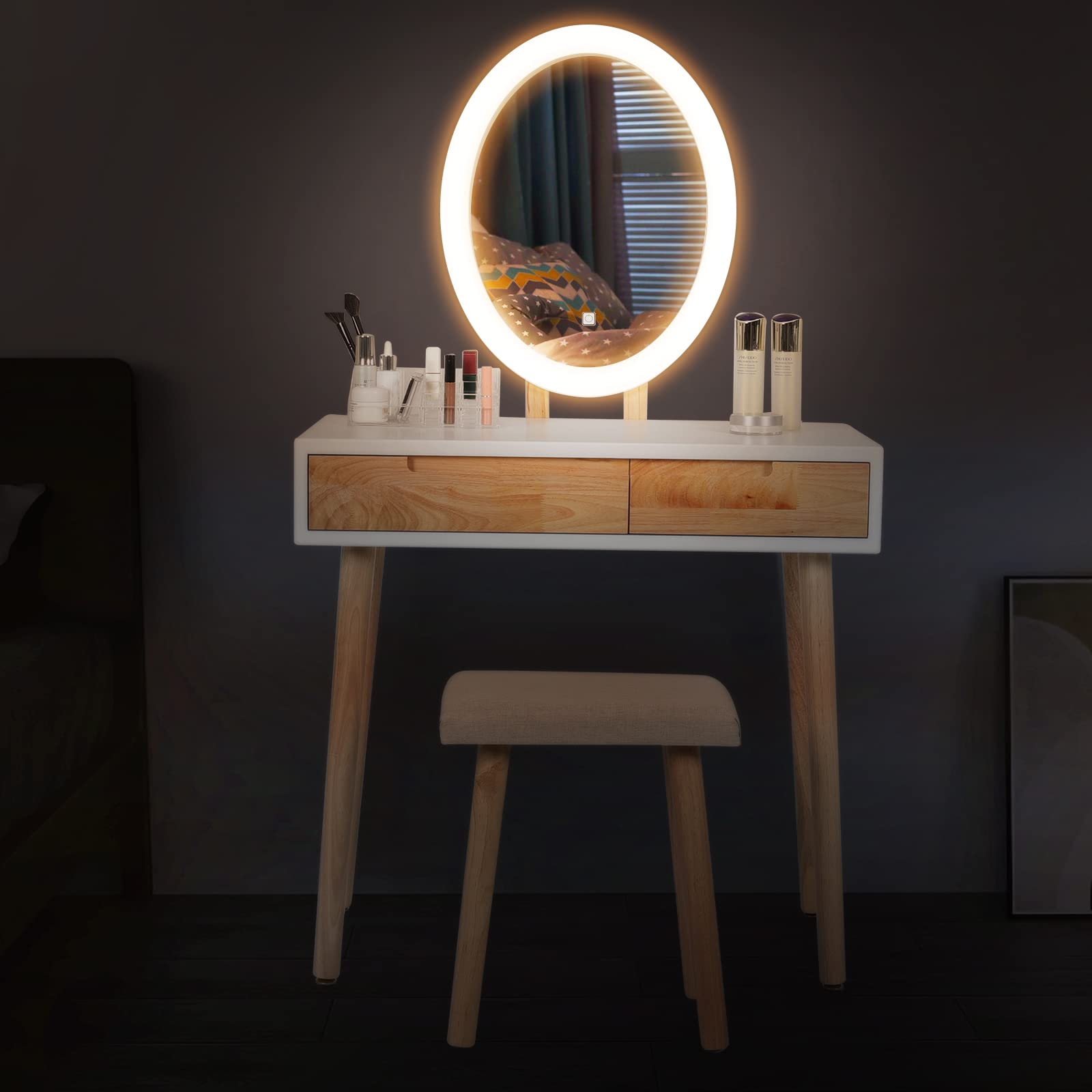 YU YUSING Schminktisch mit LED-Beleuchtung Spiegel, Schminktisch mit Stuhl
