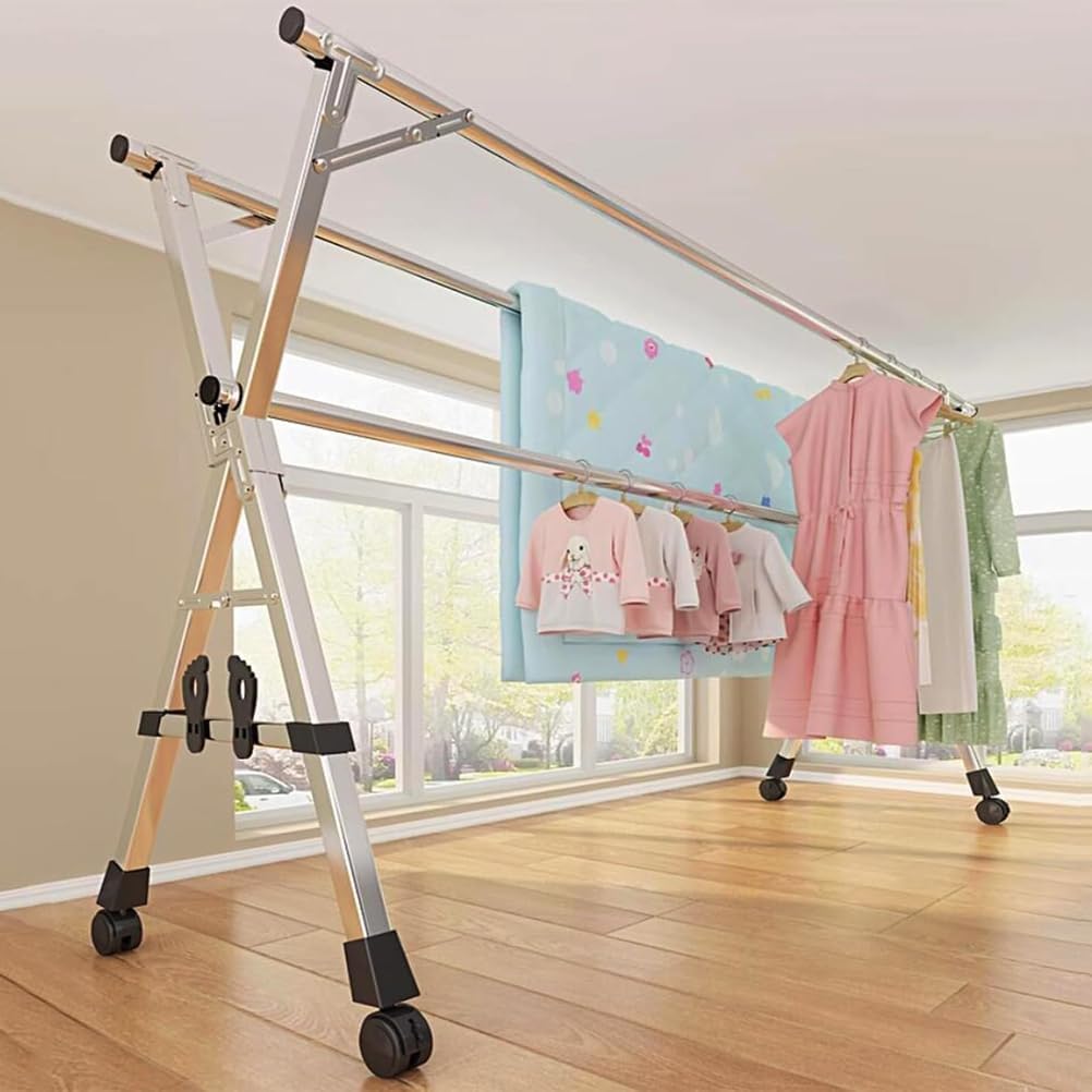 Retractable Stainless Steel Clothes Drying Rack - Collapsible X-Shaped Laundry Rack for Indoor/Outdoor Use - 1.6m/5.2ft with Universal Wheels for Easy Mobility