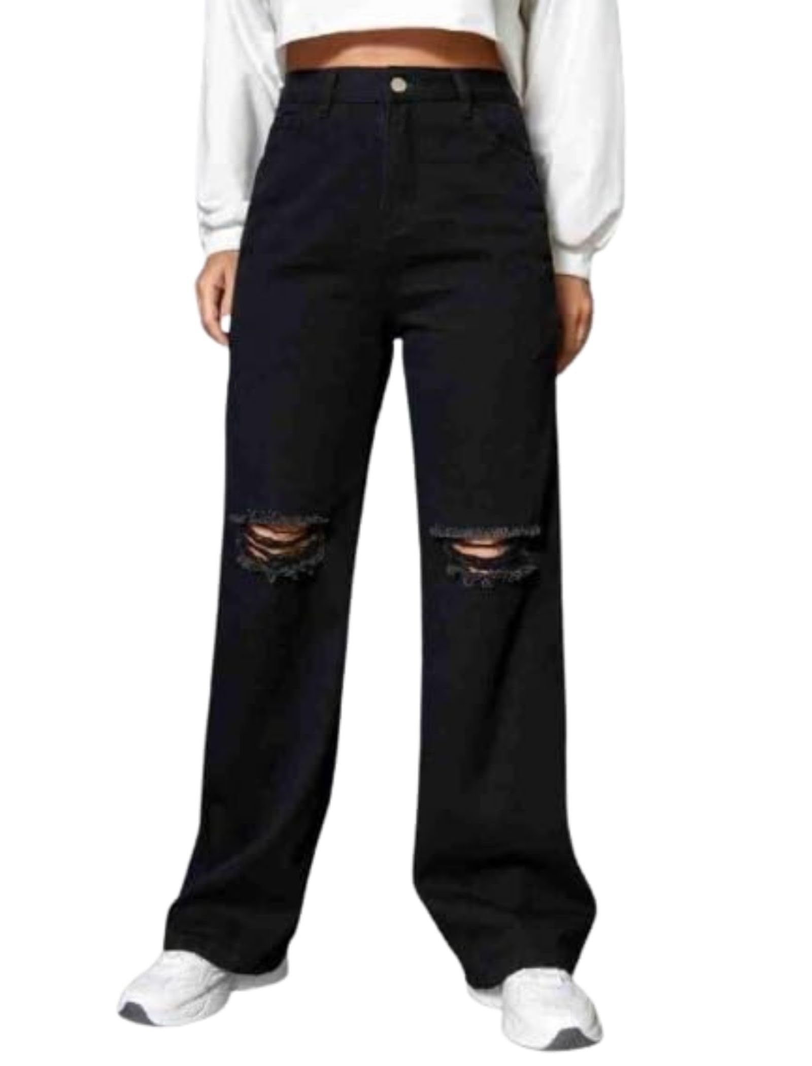 satpurush Women's Regular Solid Mid Rise High Waist Boyfriend Style Wide Leg Bell Bottom Jeans Pant-picture-13