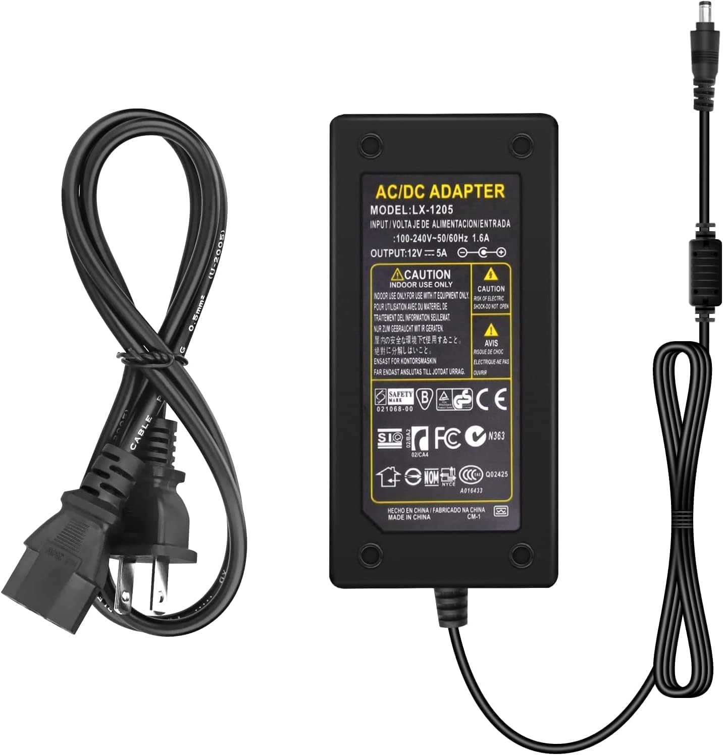 Lamomo 12V 5A Power Supply, LED Strip Adapter, 120V AC to DC Transformer with Output Jack for Neon Rope Light, Light Black (SADY)