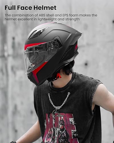 Miniatura 2 de Casco de motocicleta de cara completa para adultos, hombres y mujeres con doble visera para Street Bike Racing DOT modelo MF565 (negro y rojo, L)