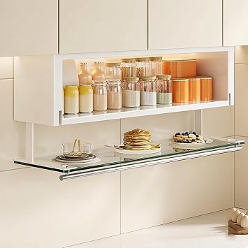 Wall Mounted Kitchen Cabinet with Transparency Tempered Glass Doors, Carbon Steel Double Layer Hanging Pantry Storage Organizer for Spices and DishesWhite,60*23.5*30cm/23.6*9.3*11.8in