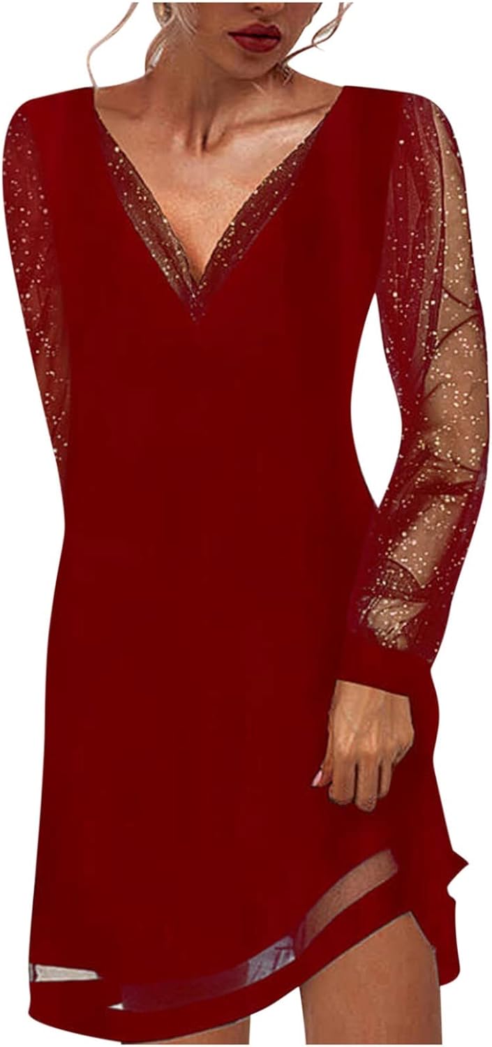 Générique Paillettes Mini Robe Femme élégante Tulle Sexy Robe De Soirée Courte Robe Manches Longues Taille Haute Chic Col En V Robe Brillantes Portefeuille Cocktail Club Fete Robes