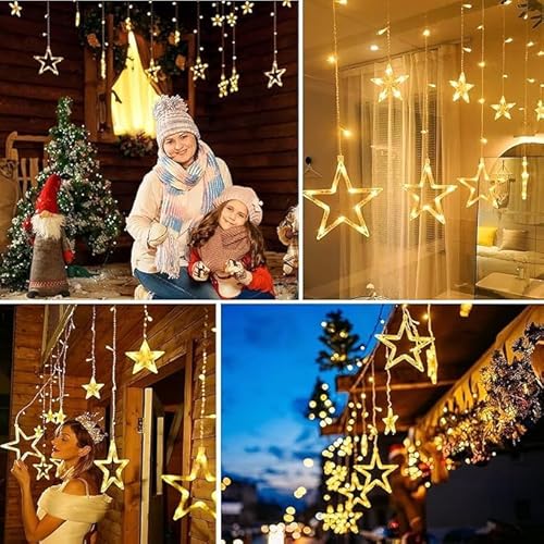 Cortina de Luz com 138 LEDs em Formato de Estrela, 8 Funções de Pisca, 2,5 Metros, Branco Quente, 11