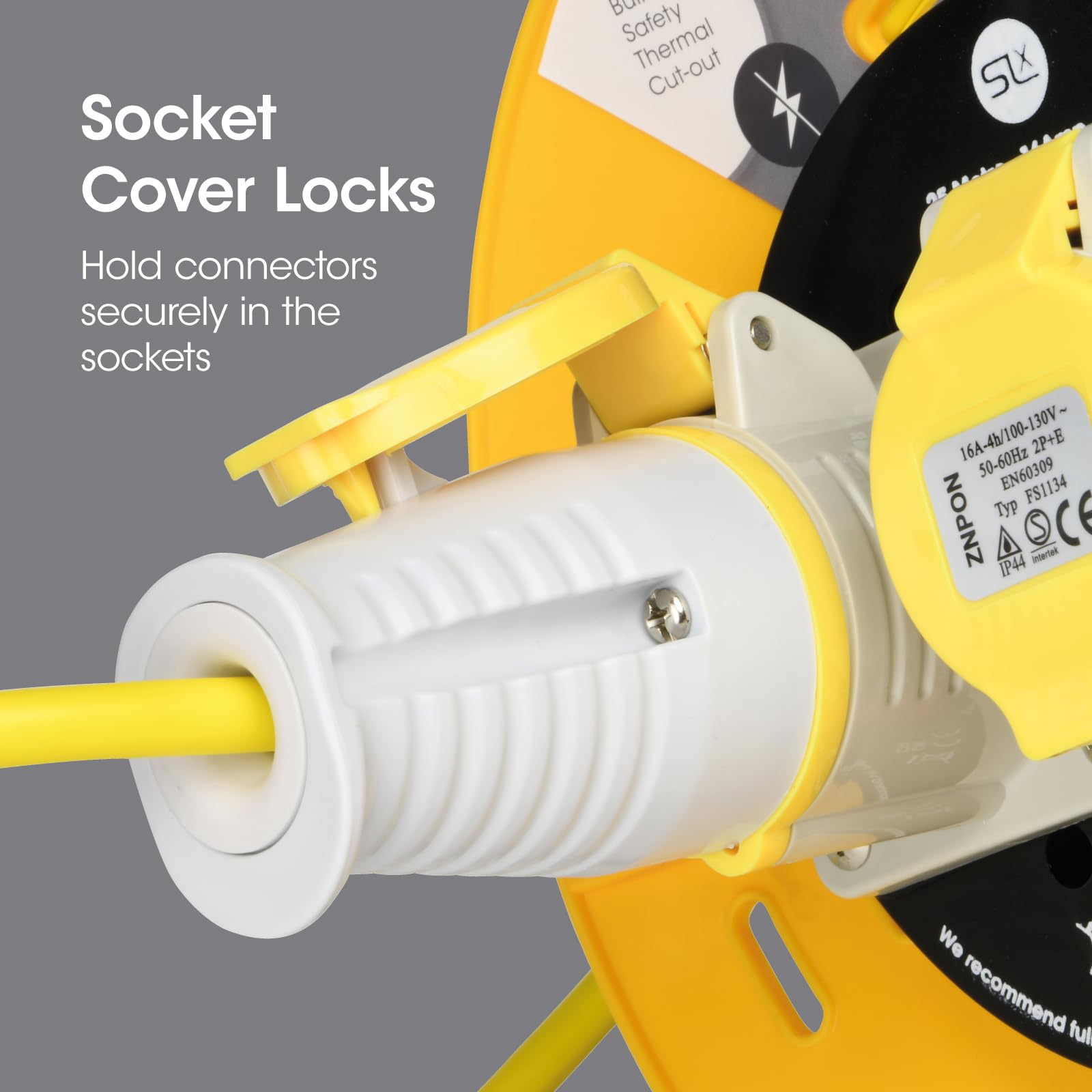 SLx Prolunga industriale da 110 V, 25 m, avvolgicavo a tamburo aperto, 2 prese con taglio termico, cavo di prolunga resistente, per interni ed esterni, spina britannica con fusibile da 16 A