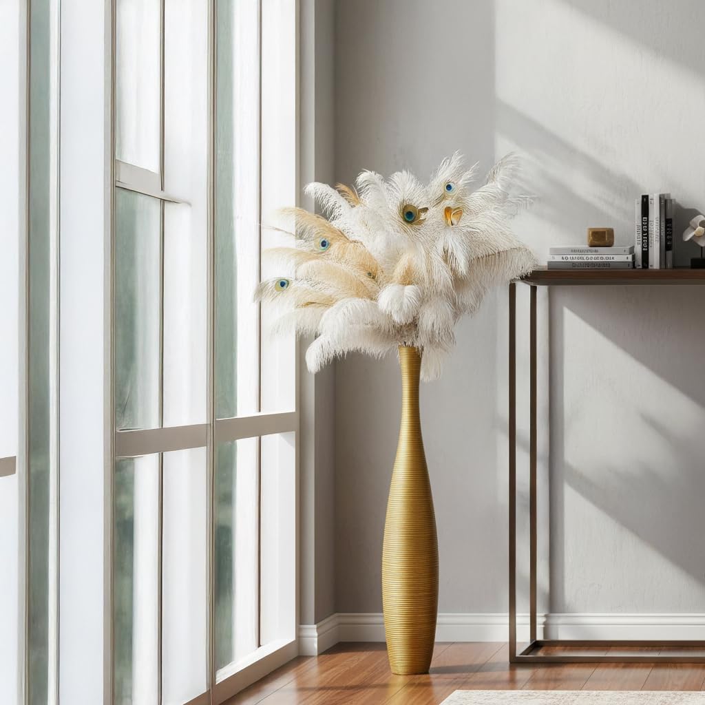 Tall Floor Vase, Large Vases for Rustic Home Decor Modern Farmhouse, Sturdy, Luxury, Textured, Vessel for Decorative Branches Dried Flowers, 27.5 inches Floor Vase for Decor, Gold Vases