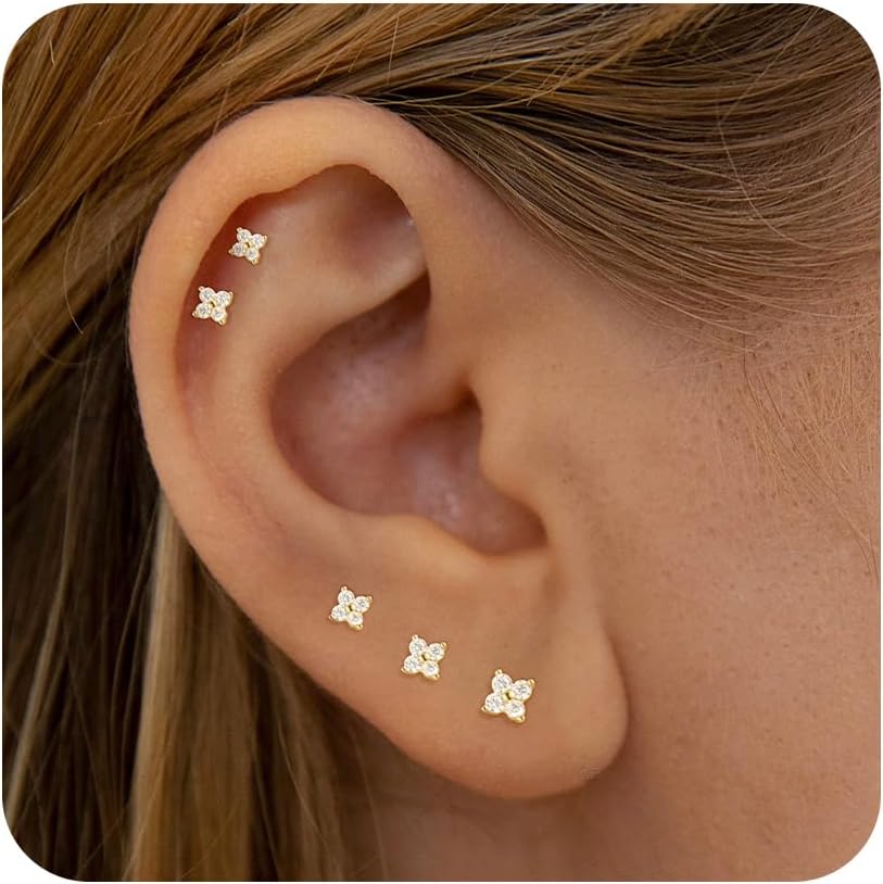 3-5 Pairs Gold Stud Earrings for Women Trendy 925 Sterling Silver Stud Cartilage Earrings Hypoallergenic 14K Gold Plated Pearl Star Earring Sets for Multiple Piercing Cubic Zirconia Opal Jewelry