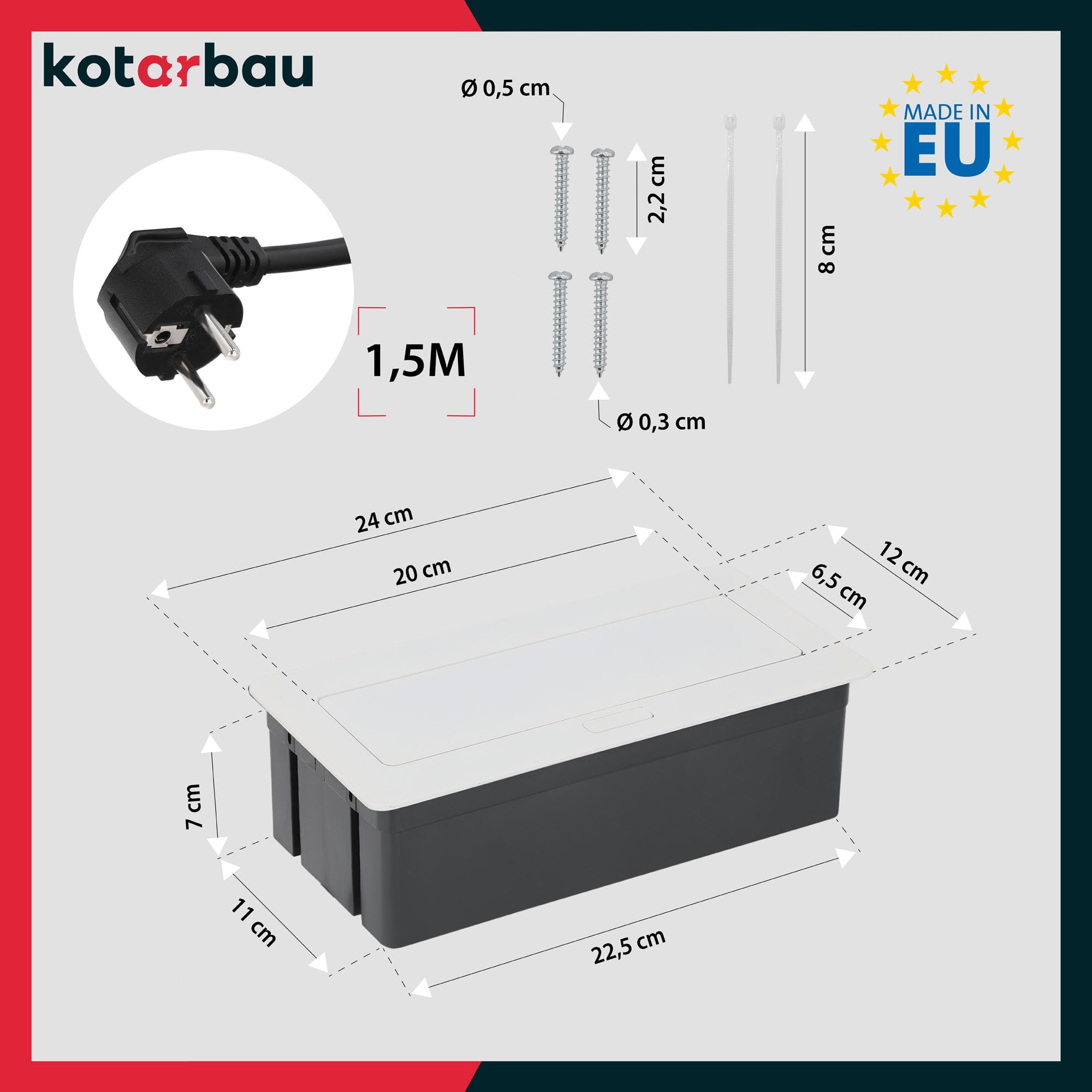KOTARBAU® - Ciabatta elettrica a 2 prese, con porte USB, in alluminio, colore bianco