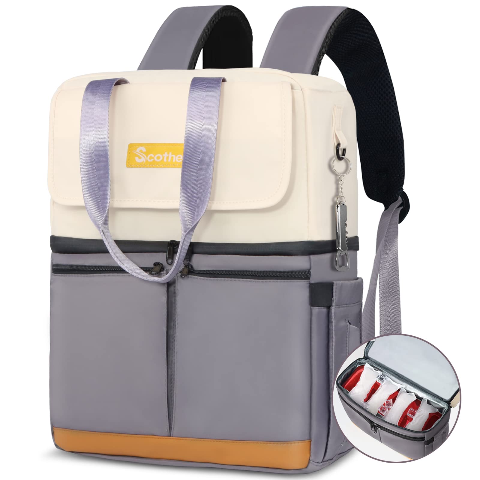 Scothen Backpack Cooler with Double Decker & 12 Ice Packs- Insulated Leak Proof & Waterproof Cooler Backpack- Soft Side Cooler Bag- Stylish Ice Chest Backpack for Women Travel Beach Picnic Lunch Work