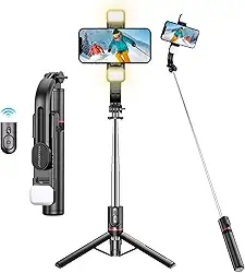 H'MASTON Tripe para Celular Pau de Selfie com Iluminação Bastao de Selfie com Controle Remoto Bluetooth e Duplo Luz LED Ajustável ZP-13 (PRETO)