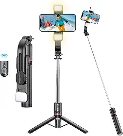 H'MASTON Tripe para Celular Pau de Selfie com Iluminação Bastao de Selfie com Controle Remoto Bluetooth e Duplo Luz LED Ajustável ZP-13 (PRETO)