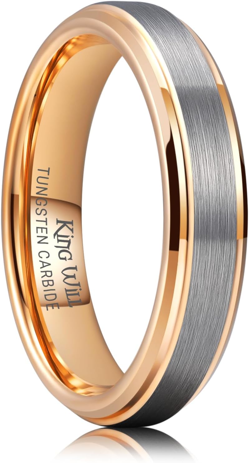 King Will Mens Brushed Wedding Band, Two Tone Matte Step Edges/Pipe Cut, Tungsten Carbide Anniversary Promise Rings Comfort Fit