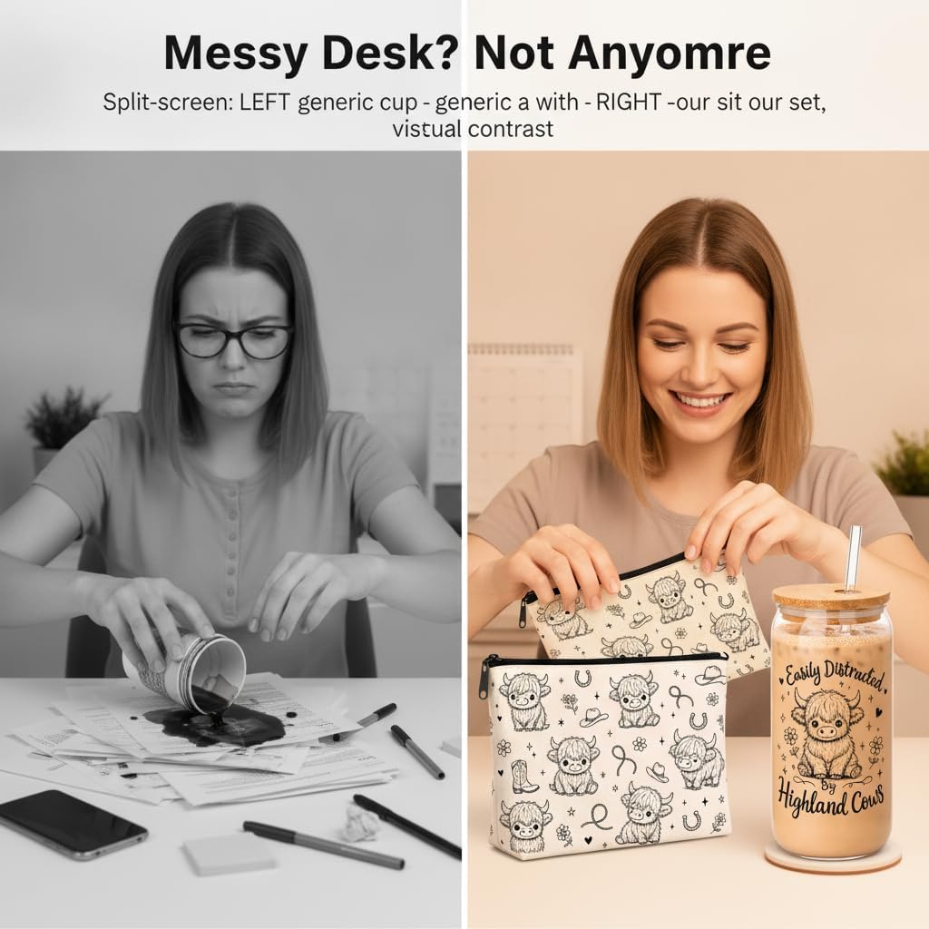 Highland Cow Gifts for Women - Easily Distracted By Highland Cows 16oz Iced Coffee Glass Cup with Bamboo Lid & Straw, Black Line-Art Can Glass, All-Over Print Cosmetic Bag Pouch Set
