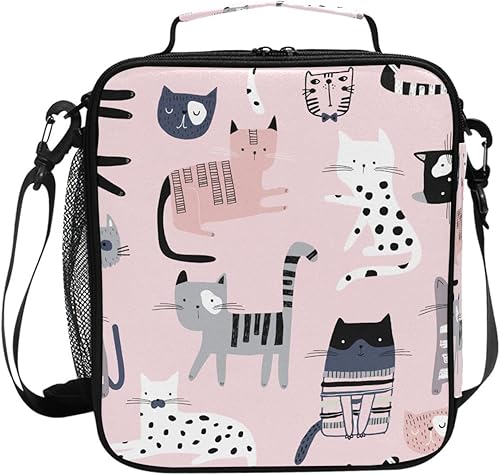 Miniatura 6 de Lonchera con diseño de gato rosa para niños, bolsa de almuerzo aislada con diseño de animales infantiles, bolsa congelable con correa para el