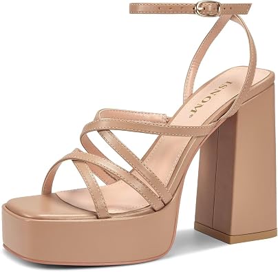 ISNOM Platform Chunky Heels for Women, Block Heel Sandals with Open Square Toe and Ankle Strap