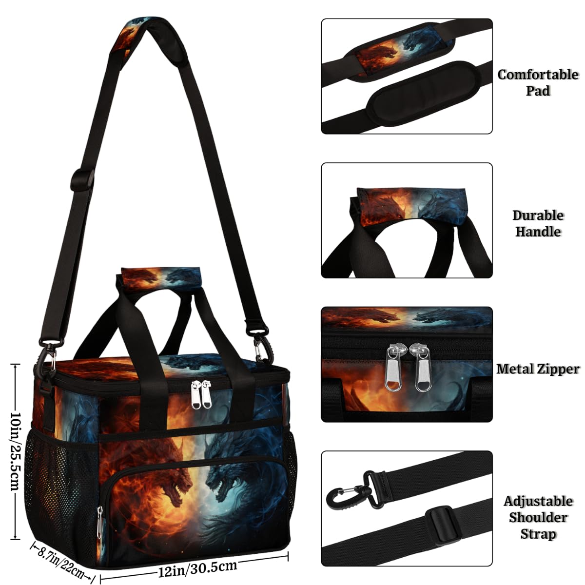 Ice Dragon Insulated Picnic Backpack Lunch Box for Women Men Picnic Basket Tote Lunch Bag Picnic Bag Portable Lunch Bags for Picnic, Beach, Work, Trip,Office, Camp Fiery Dragon