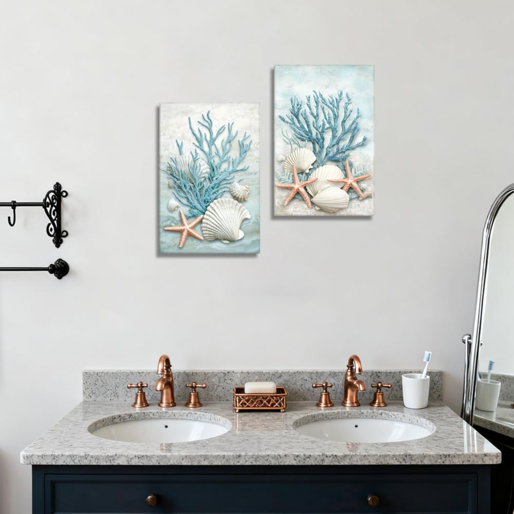 ZQQART Blue Coral Canvas Wall Art Ocean Theme Picture Wall Decor Shell Painting Starfish Prints Art Beach Bathroom Decor Framed(12.00"x16.00"x2P)