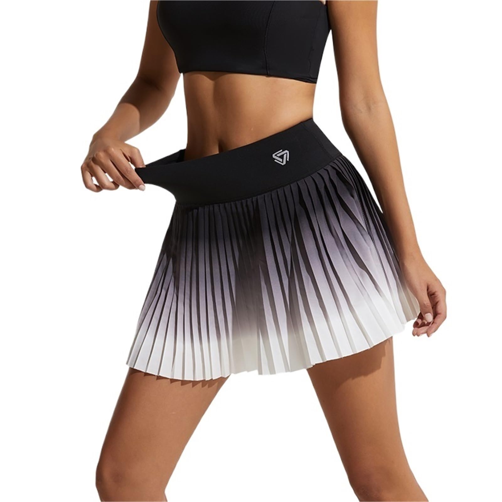 Tennis Outfit Damen Farbverlauf Senior Damen Plissee Tennisrock Golf Skorts mit Taschen Athletische Culottes Hohe Taille Workout Laufröcke(Black White,XL)
