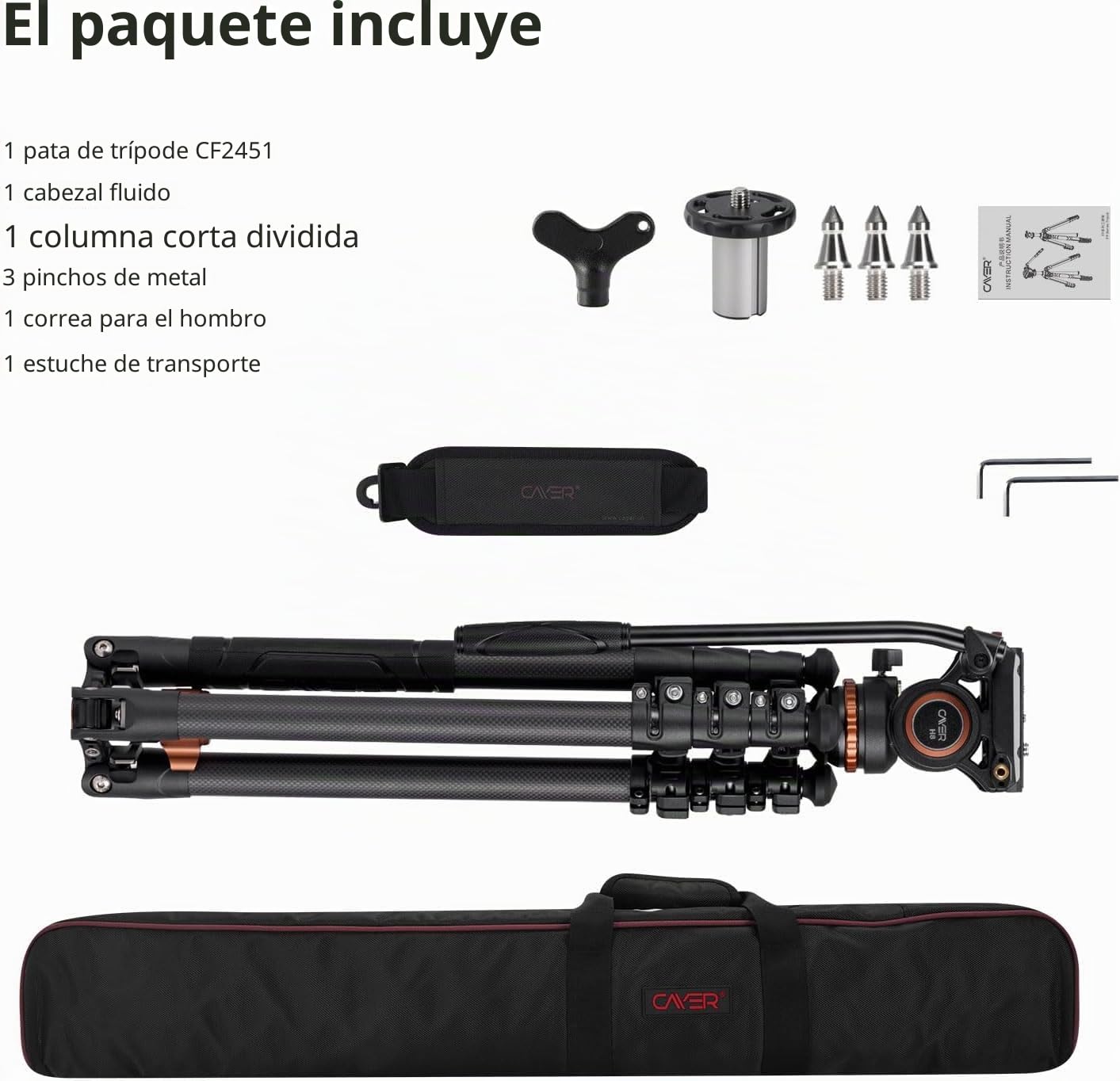 Cayer CF2451 Trípode de Video de Fibra de Carbono de 74 Pulgadas con Cabezal de Arrastre Fluido, trípode Compacto de 4 Secciones DSLR Convertible a monopié, para cámara Canon Nikon Sony DSLR