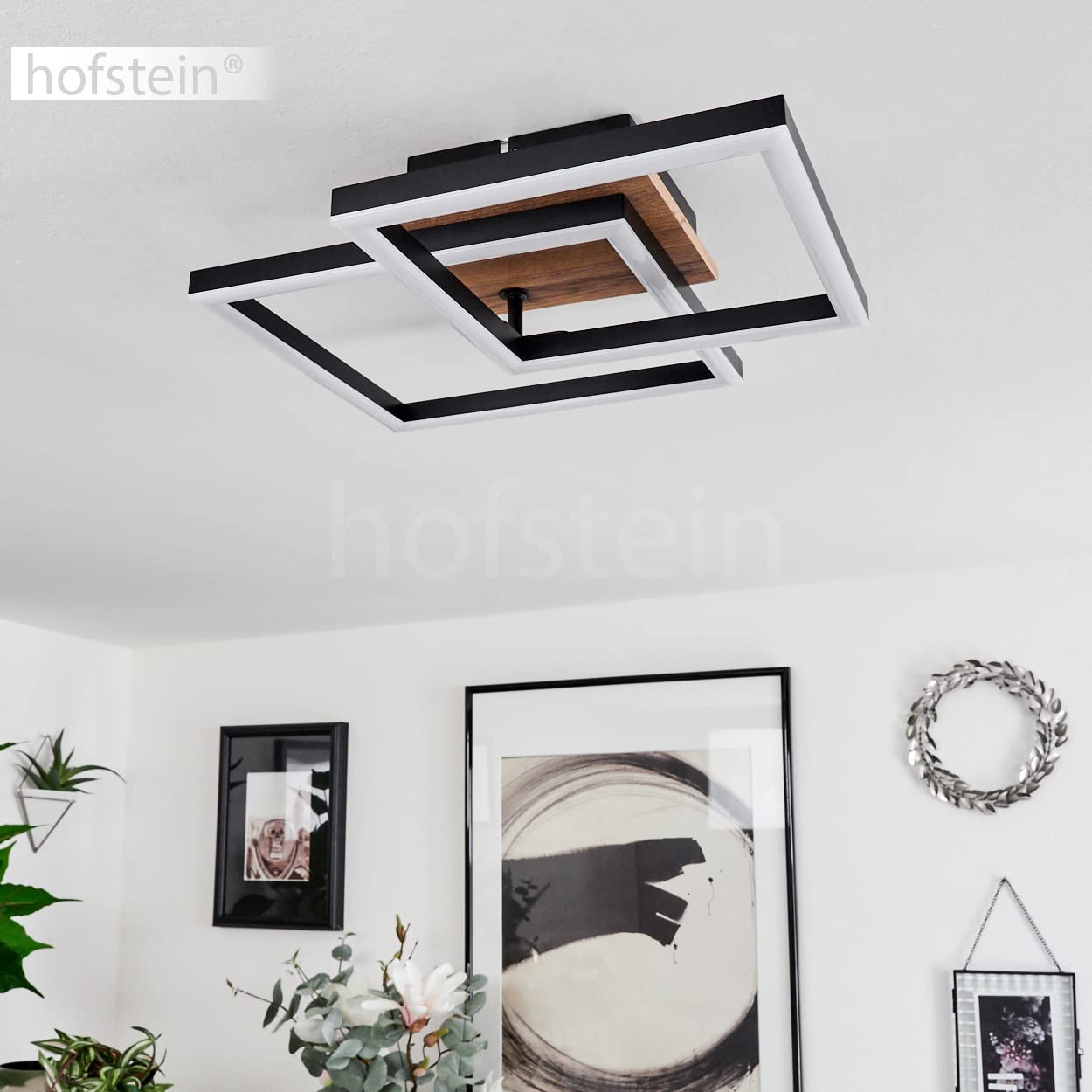 Plafonnier LED Walschbronn, plafonnier en métal/MDF/plastique noir/imitation bois/marron/blanc, abat-jour orientable, 1200 lumens, 3000 K, 1 x LED 18 watts