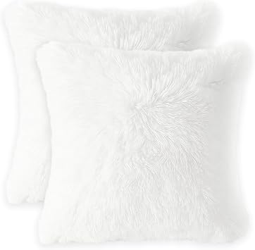 2pcs White Cushion Covers, Fluffy Cushion Covers for Bed, Decorative Pillows for Bed, White Fluffy Cushions, 45cm x 45cm Faux Fur