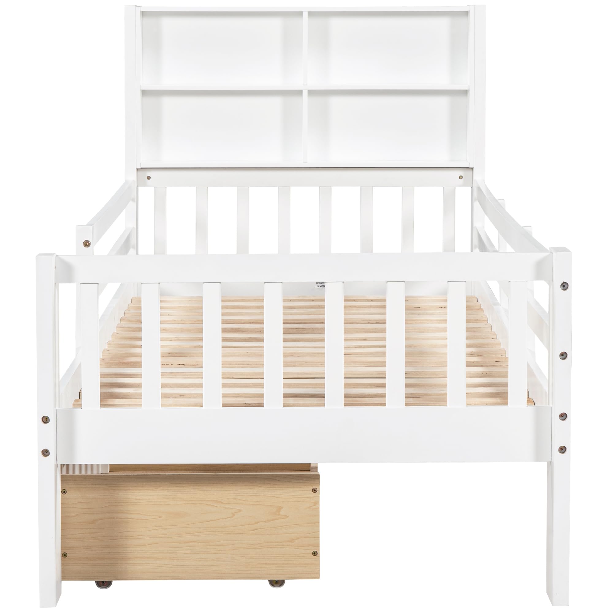 Azkoeesy Letto singolo per bambini con cassetti e ripiani contenitore, 90x200 cm, con protezione anticaduta e lavagna, Legno di pino, bianco