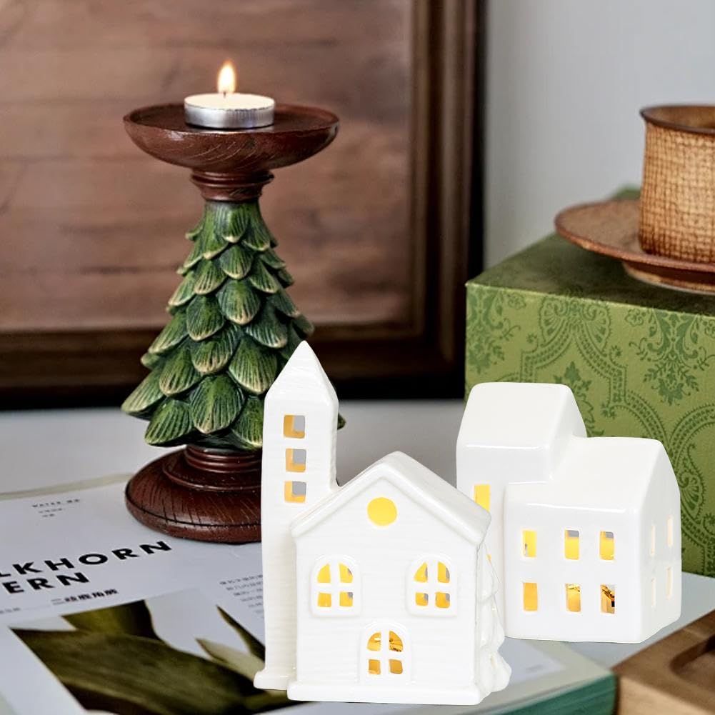 Maison de village de Noël en céramique blanche, ensemble de village de Noël, maisons de village de Noël éclairées par LED, maisons de ville en porcelaine blanche, collection de scènes de Noël pour la