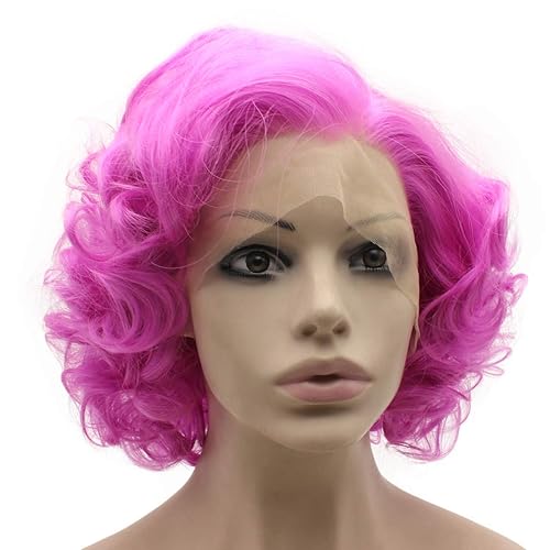 Mxangel - Peluca de cabello sintético corto rizado morado con encaje frontal, resistente al calor
