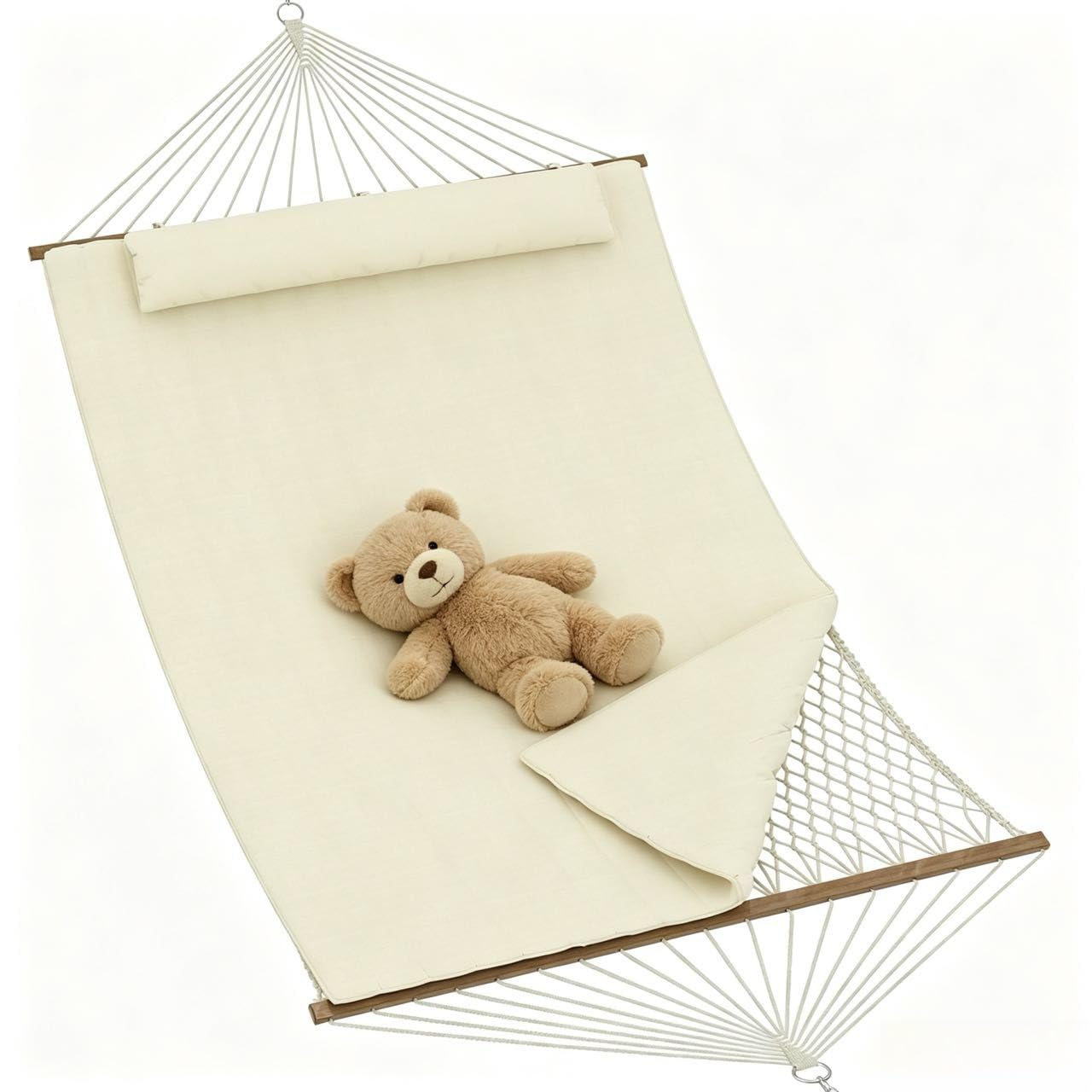 450Lbs Double Hammock for 2 Person, Quilted Garden Hammock with Wooden Spreader Bar & Detachable Pillow for Outdoor, Backyard, Beach, Beige