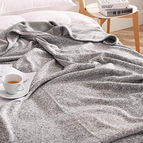 KAWAHOME Knit Blanket Lightweight Breathable Fuzzy Heather Jersey Thin Blanket for Couch Sofa Bed Twin Size 66 X 90 Inches Grey and White