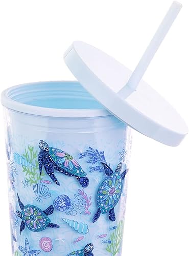 Miniatura 2 de Vera Bradley Vaso de viaje con tapa y pajilla vaso aislado de 24 onzas vaso de doble pared de plástico azul diseño de tortuga
