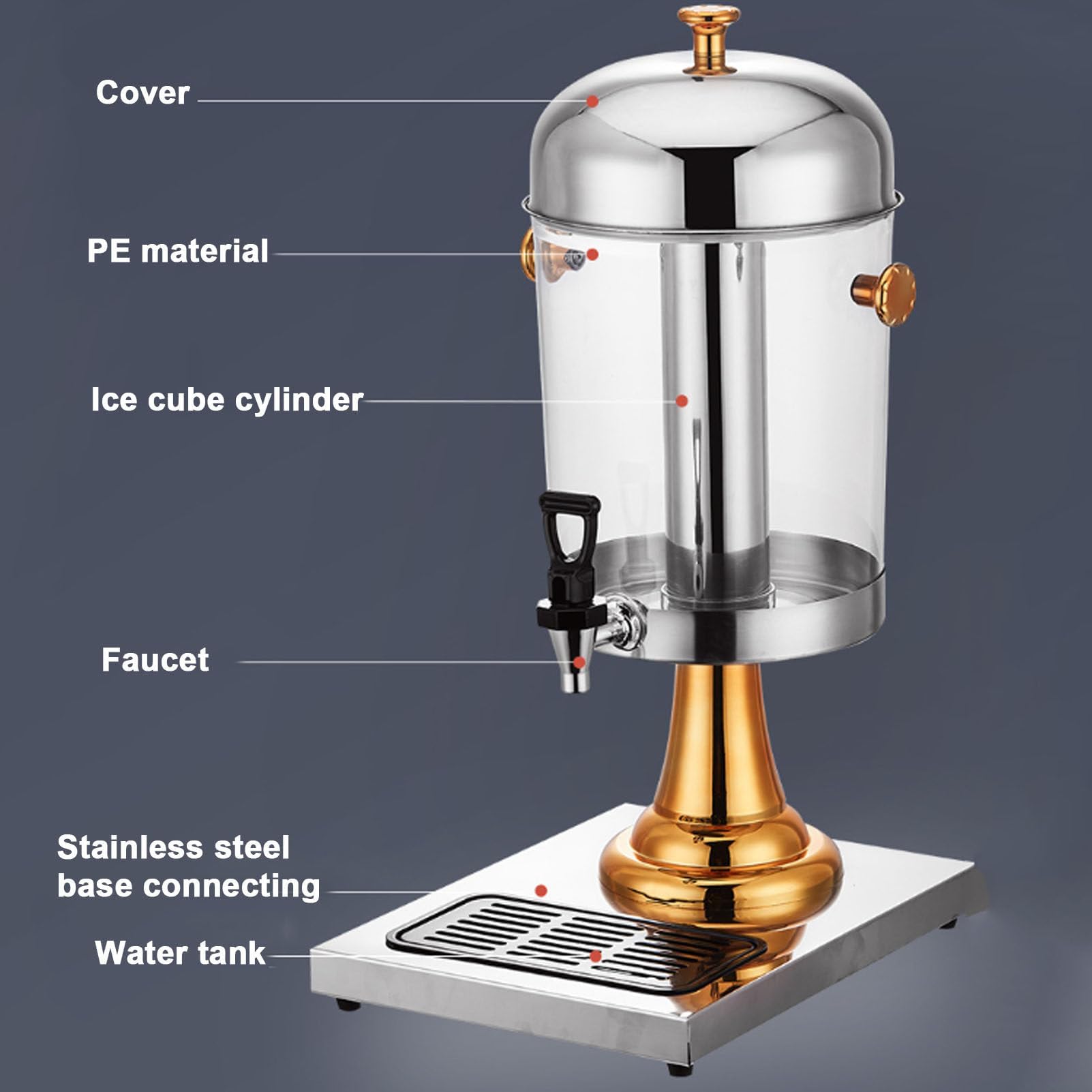 Dispensador de bebidas de acero inoxidable de triple boquilla de 24 litros con recipiente de hielo integrado, dispensador de bebidas comercial para fiestas, bufés de desayuno y bares
